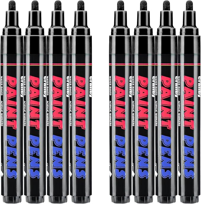 Black Paint Pens Paint Markers - 8 Pack Permanent Quick Dry Waterproof Marker Pens for Rocks Wood Fabric Plastic Canvas Glass Mugs Metal Tire Stone