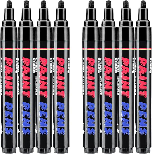 Black Paint Pens Paint Markers - 8 Pack Permanent Quick Dry Waterproof Marker Pens for Rocks Wood Fabric Plastic Canvas Glass Mugs Metal Tire Stone