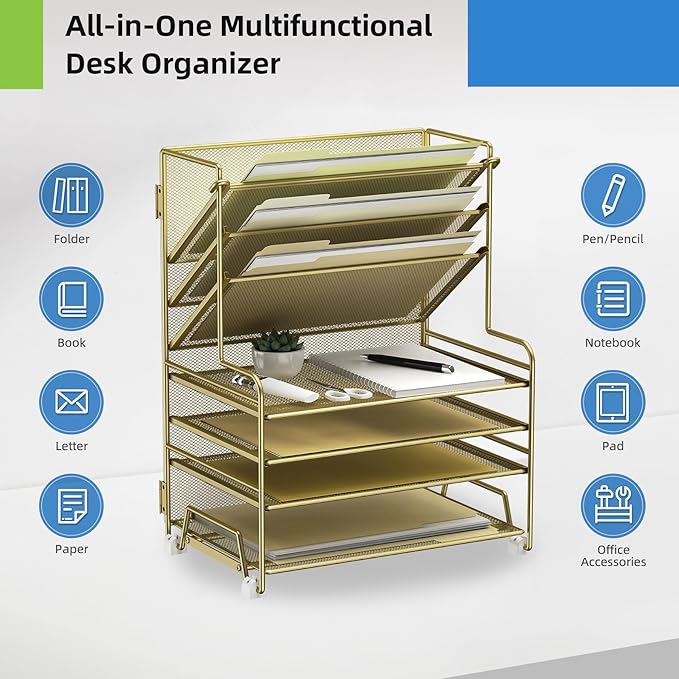 4-Tier Paper Organizer + 3-Pocket File Holder + Drawer + Pen Holders, Desktop File Organizers Paper Tray for Office Supplies School Classroom Organization (Gold, no Drawer & Pen Holder)