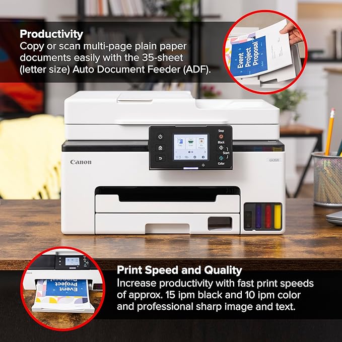 Canon Megatank GX2020 All-in-One Wireless Supertank [Megatank] Printer | Print, Copy and Scan| Mobile Printing |2.7" LCD Color Touchscreen | Auto Document Feeder and Auto Duplex Printing