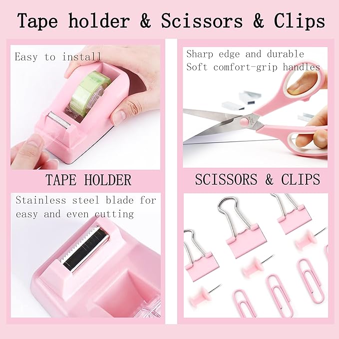Pink Desk Accessories, Pink Office Supplies 360°Pen Holder Desk Organizers and Accessories with Tape Dispenser, Stapler, Staple Remover, 1000 Staples, Tape, Clips Set, Ruler, Scissor, Pen
