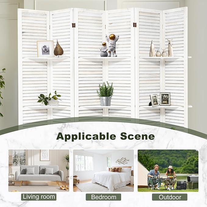 NicBex 6 Panel Room Divider,5.6FT Wood Carved Room Dividers with Display Shelves Folding Privacy Screens Portable Freestanding Partition Wall Dividers for Room Separation,Home Bedroom Office,White