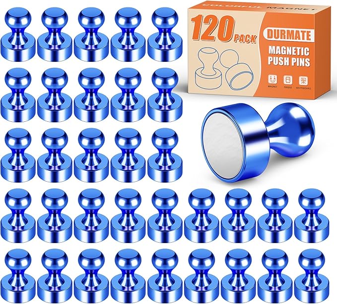 Strong Whiteboard Magnets, Small Magnetic Push Pins for Refrigerator, Circle Blue Metal Neodymium Magnet for Office, Kitchen, Crafts, Bulletin Board, Locker Accessories, Shopping List