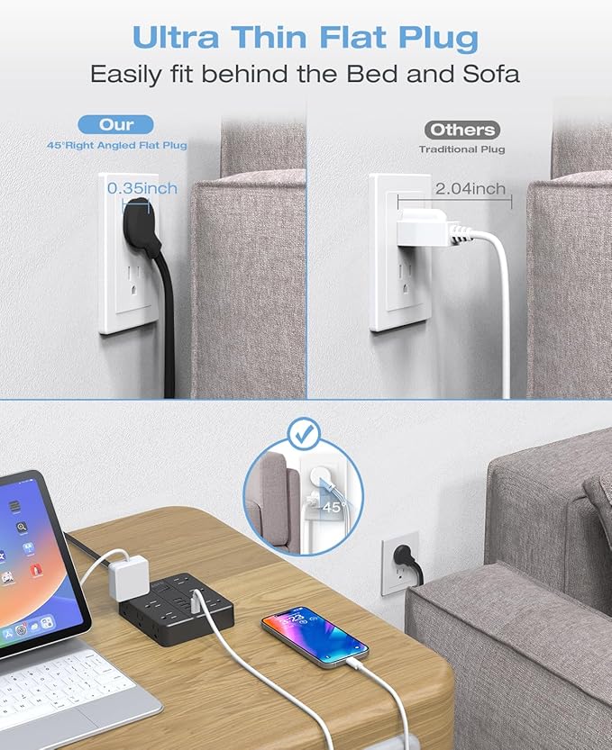 20FT Surge Protector Power Strip,12 AC Outlets with 6 USB Ports (2 USB-C), Flat Plug Extension Cord with Multiple Outlets, Wall Mount for Home Office,Dorm,Black