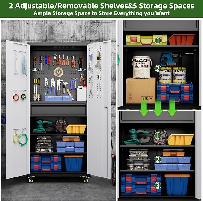 Aobabo Garage Storage Cabinet with Wheels, Metal Tool Storage Cabinet with 1 Drawer for Home,Assembly Required,Black&Grey