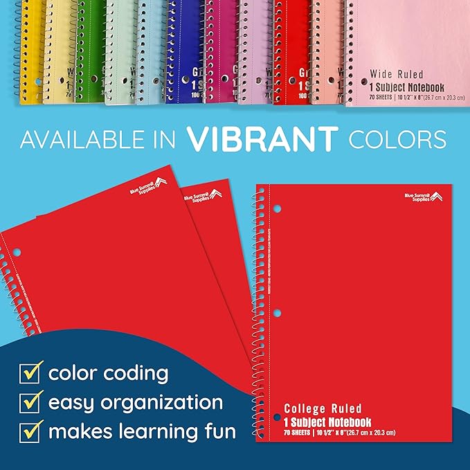 Blue Summit Red Spiral Notebooks Bulk, One Subject Spiral Notebook College Ruled, Perforated Notebook, 8 x 10.5 for Work and School, Paper, College Ruled, Bulk 48 Pack