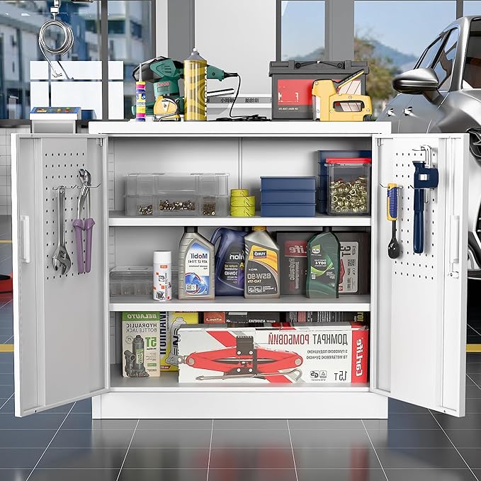 Aobabo 31.5" H Small Garage Storage Cabinet with Pegboard,Lockable File Storage Cabinet with 2 Adjustable Shelves for Garage, Office, School, Assembly Require, White