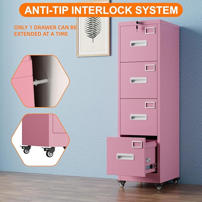Aobabo 56" H 4 Drawer Moblie Office File Cabinet with Lock, Rolling Metal Filing Storage Cabinet, Legal/Letter A4 Size, Pink, Assembly Required