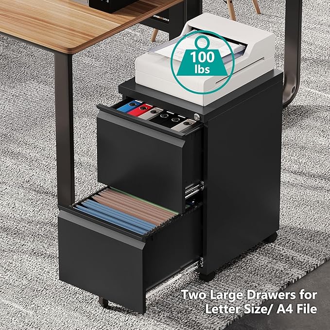 2 Drawer Metal File Cabinet with Lock, Rolling File Cabinets with Lock for A4/Legal/Letter Size, Under Desk Filing Cabinet for Home Office Assembly Required（Black）