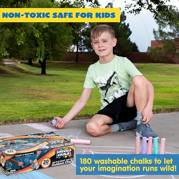 JOYIN 180 PCS Washable Sidewalk Chalks Set in 20 Colors Non-Toxic Jumbo Chalk for Outdoor Art Play, Painting on Chalkboard, Blackboard and Playground