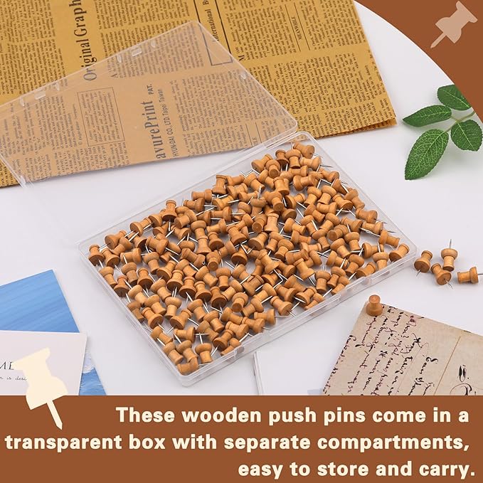 150 Pcs Push Pins for Cork Board, Decorative Thumb Tacks Wooden Push Pins Head Pin Wood Map Tacks Marking Pin, Wood Thumb Tacks Decorative for Bulletin Boards Craft Projects with Storage Box, Coffee