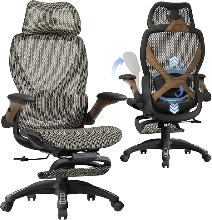 ELABEST X100 Ergonomic Office Chair with Footrest, Big and Tall Home Desk Chair with 5D Flip-Up Arms, Adjustable 9D Lumbar Support,High Back Rolling Computer Chair, Swivel Mesh Chairs (Coffee Break)