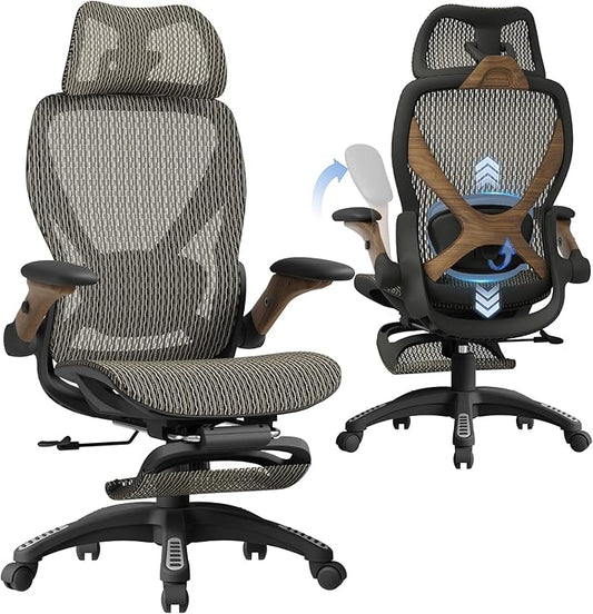 ELABEST X100 Ergonomic Office Chair with Footrest, Big and Tall Home Desk Chair with 5D Flip-Up Arms, Adjustable 9D Lumbar Support,High Back Rolling Computer Chair, Swivel Mesh Chairs (Coffee Break)