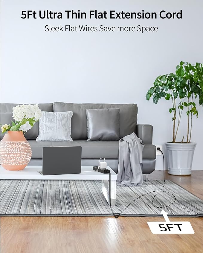 Black Surge Protector Power Strip, Ultra Thin 5 Ft Flat Plug Extension Cord, 1700 Joules, 5 Widely Spaced Outlets with 4 USB Ports (2USB-C), 1875W/15A, Wall Mount for Home Office, Black