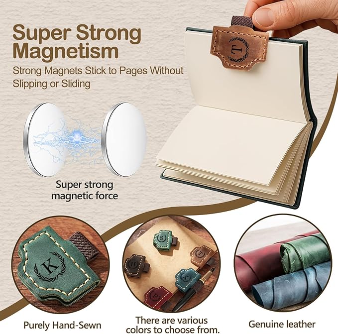 Personalized Magnetic Leather Bookmark with Pen Holder - 26 Letters Custom Book Mark with Name Initial Engraved Book Marker for Readers, Book Lovers, Travelers - Gift for Women & Men(Light Brown，E