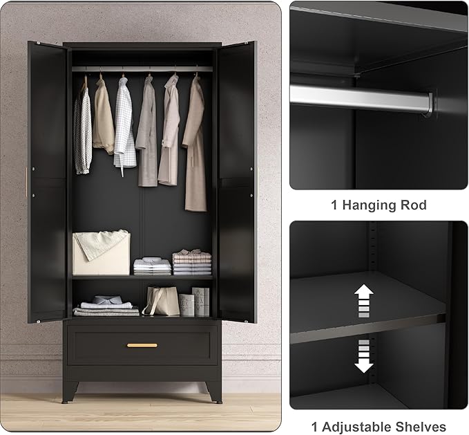 71'' Black Farmhouse Metal Wardrobe Cabinet with Hanging Rod, 2 Barn Door Wardrobe Closet with Adjustable Shelves,Drawer,for Dining Room,Bedroom,Living Room, Cloak Room,Office