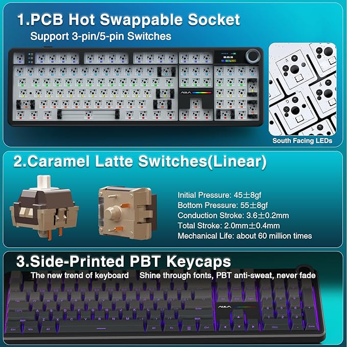 AULA F108 PRO - Wireless Mechanical Keyboard with Screen & Knob,Full Size Keyboard with 8000mAh Battery,Pre-lubed Switches,Side Printed PBT Keycaps,RGB Backlit Hot Swappable Custom Gaming Keyboards