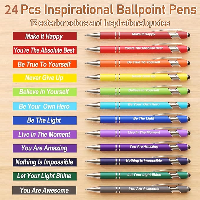 24 Pcs Inspirational Pens Bulk, Motivational Pens Ballpoint with Stylus Tips, Ink Pens 0.5mm Smooth Writing Pens Fine Point of Black Ink, 12 Colors with Gift Box for Staff, School, Office