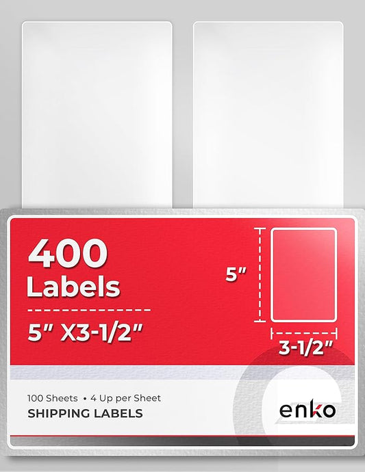 enKo 3-1/2 x 5 Inch Label - White Blank - 4 Up Per Sheet Shipping Address Mailing Labels for Laser Inkjet Printer (100 Sheets, 400 Labels)