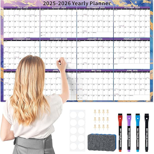 Ospelelf Large Dry Erase Calendar for Wall - 32'' x 48'' Yearly Calendars 2025-2027 Laminated Monthly Family Calendar for Office, Use July 2025 - June 2027 (Marble)