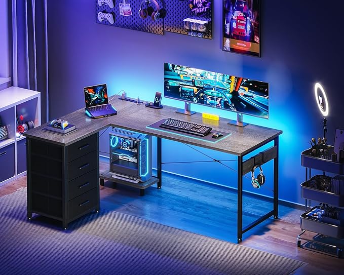 Casaottima L Shaped Desk with 4 Tier Drawers, 53" Gaming Desk with Power Outlets & USB, Reversible L-shaped Computer Desk with CPU Stand, Home Office Corner Table with Storage, Easy Assemble, Grey Oak