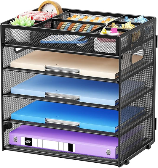 Marbrasse 5-Tier Letter Tray Paper Organizer with Handle, Multi-Functional Mesh File Organizer for Desk, Adjustable Compartments Mesh Desktop Storage for Office Supplies,Black