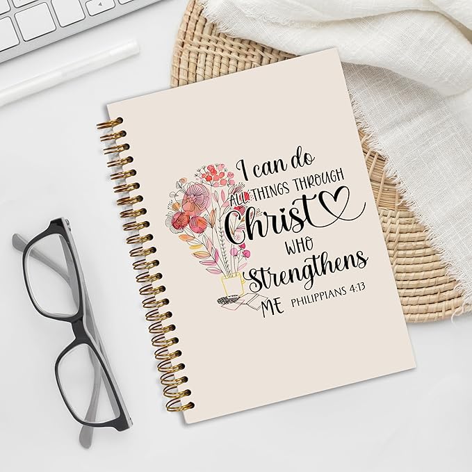 Bible Notebook, A5 Spiral Christian Journal Pink Floral Notebook, Bible Verse-I Can Do All Things Through Christ Who Strengthens Me, Inspirational Notebooks for Women, Gift for Birthday Christmas