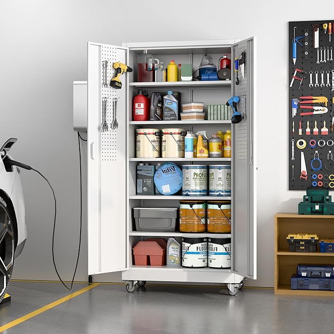 Aobabo Upgraded Garage Storage Cabinets with Wheels,Metal Storage Cabinets with 5 Adjustable Shelves for Garage Home Office Storage, White,71''H*32''W*16''D,Assembly Required