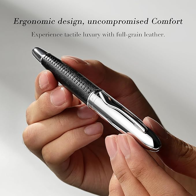 BEILUNER 318 Luxury Leather Pen, Hand-Stitched Premium Leather, Chrome-Plated Finish, Schmidt Ink Refill, Best Rollerball Pen Gift for Men & Women, Refillable, Executive Writing, Nice Pens