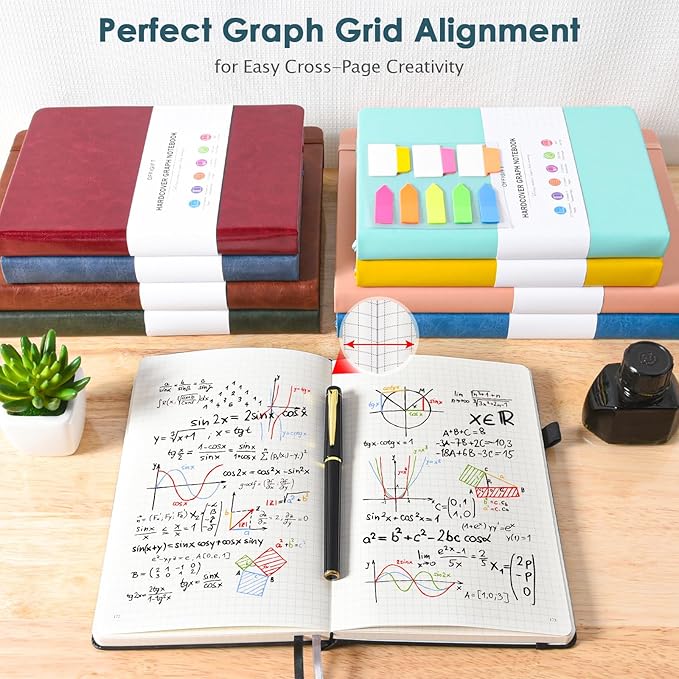 Graph Paper Notebook, 312 Numbered Pages A5 Hardcover Leather Journal, 100gsm No Bleed Grid Paper Notebook with Index Pages, Grid Notebook for Graphing Notes Math, 5.75" x 8.38", Grey Blue