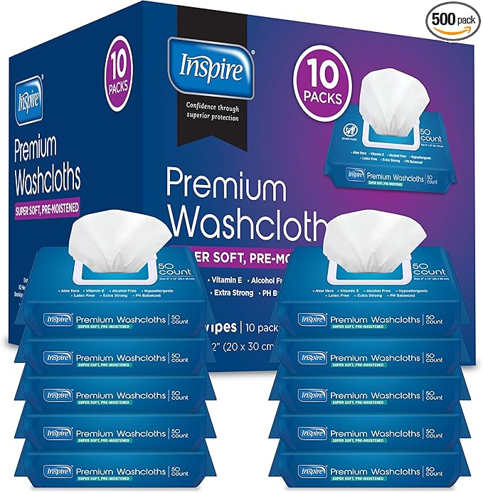 Inspire Adult Wet Wipes, Wash Cloths | Adult Wipes for Incontinence & Cleansing for Elderly, 8"x12" (500CT (10 PACKS OF 50))