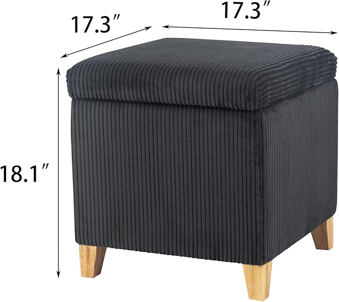 Adeco 18 Inch High Faux Fur Grey Cube Ottoman Storage, Fluffy Striped Velvet Chair Foot Stools, Small Bench Upholstered Vanity Stool with Hinged Lid, Solid Wood Legs