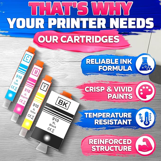 910XL Printer Ink Cartridges 4 Pcs – Includes 910XL Black & Color Ink – Compatible with HP 8020, 8025, 8028, 8030, 8035, 8010, 8015, 8018, 8022 – Quality Prints – Easy Installation