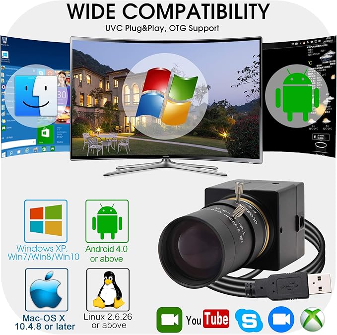 SVPRO USB Web Camera 1080P Full HD Webcam with Zoom Lens, 5-50mm Telephoto Webcam Manual Focus with Sony IMX323 Sensor, H.264 0.01lux Low Light Camera for Industrial Machine Vision,UVC Free Drive
