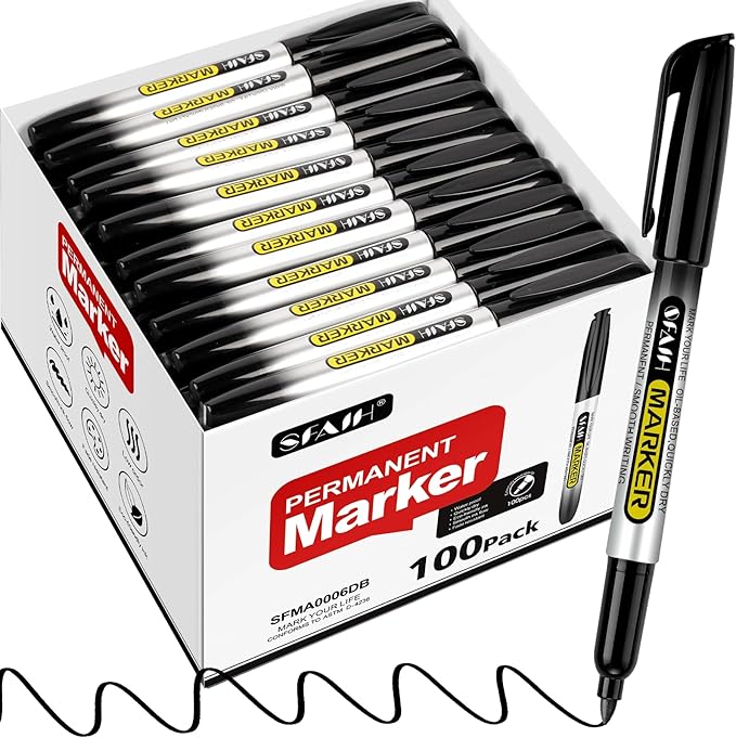 SFAIH 100 Black Permanent Markers Bulk -1s Quick Dry, Waterproof, Non-Fading, Durable, Fine Point Permanent Pens for Plastic Glass Metal Wood Paper, Office Supplies, Classroom Kitchen, Cargo Marking
