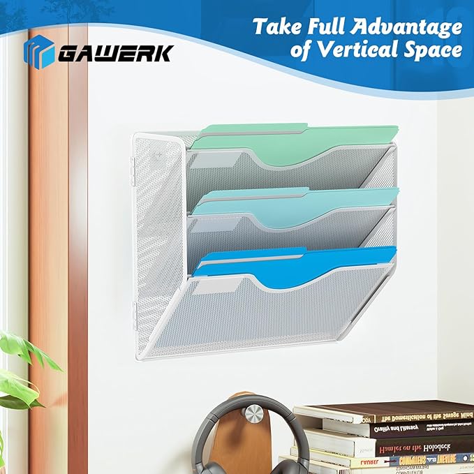3 Tier Hanging Wall File Organizer, Mesh Mail Paper Orgnization Hanging File Folder Holder for Home Office, White