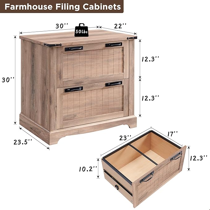 RedLemon Farmhouse Filing Cabinets with 2 Drawers, 30" File Cabinets w/Hanging File Folders for A4/Letter/Legal Size Documents, Office Storage Cabinet for Study Room, Living Room (Rustic Natural Oak)