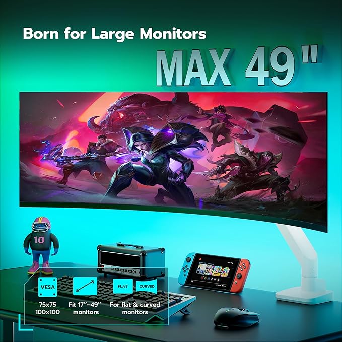 ARES WING Ultrawide Monitor Arm White for 17 to 49 Inch Heavy Duty Curved Screen, Holds 44 Lbs, Adjustable Gas Spring Monitor Arm Desk Mount with C Clamp, Grommet Base, 75/100 Vesa Mount