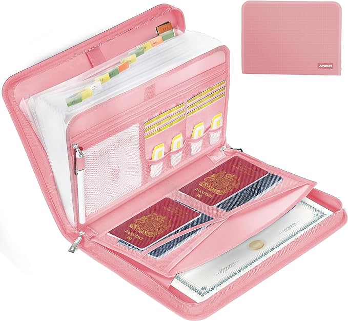 JUNDUN Accordion File Organizer - Fireproof Accordion Folder with Zipper & Labels - 12 Pocket Expanding File Folder with Multi-Pockets Paper Organizer Folder for Letter A4 Files and More (Pink)