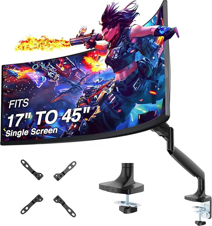 AVLT Single 17"-45" Monitor Arm Desk Mount Premium Mechanical Spring fits One Flat/Curved/Ultrawide Monitor Full Motion Height Swivel Tilt Rotation Adjustable, Black