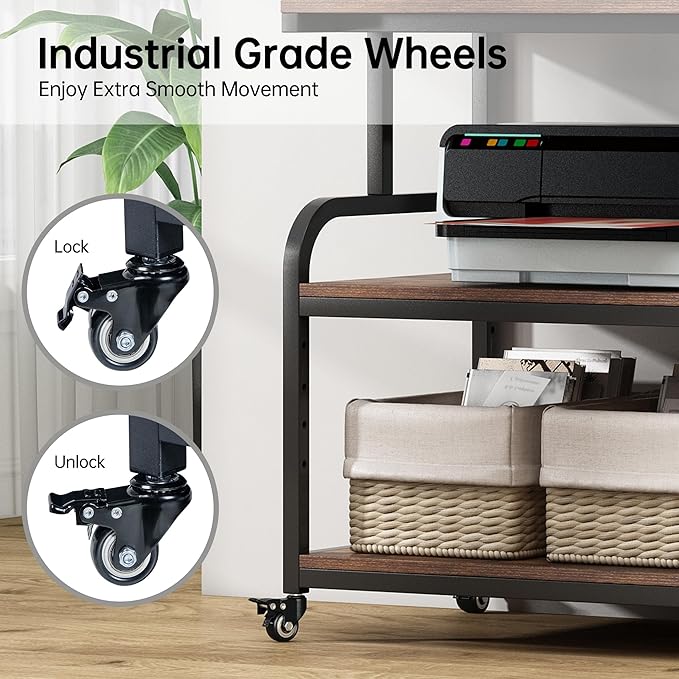 32.3" Wide Extra Large Printer Stand, 3 Tier Printer Table with Adjustable Storage Shelf, Rolling Printer Cart with Industrial Wheels for Home Office, Rustic Brown
