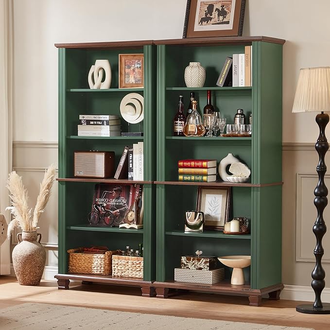 70" Tall Green Bookshelf,5 Tier Wooden Book Shelf with Adjustable Shelves & Wood Legs,Free Standing Farmhouse Bookcase with Open Display Storage,Vintage Bookshelves for Library,Classroom