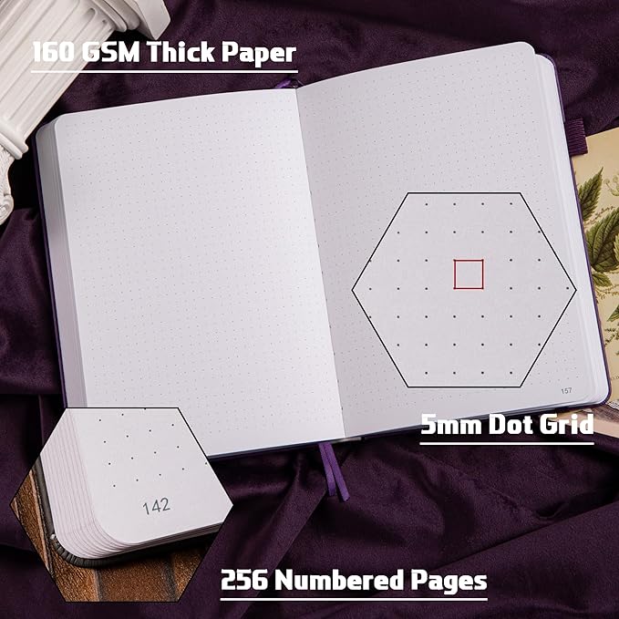 TIEFOSSI Bullet Dotted Journal Notebook, 160gsm 256 Numbered Thick Paper, A5 Hardcover Dotted Grid Diary for Women Men Work Writing, Bullet Journaling, Drawing, 5.8 x 8.3 in