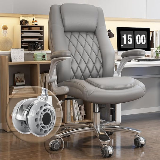 GYI O205P High Back Executive Office Chair, Big and Tall Office Chair 400LBS with Rubber Wheels,Ergonomic Adjustable Computer Desk Chairs with Padded Flip-up Armrests,Lumbar Support (Grey)