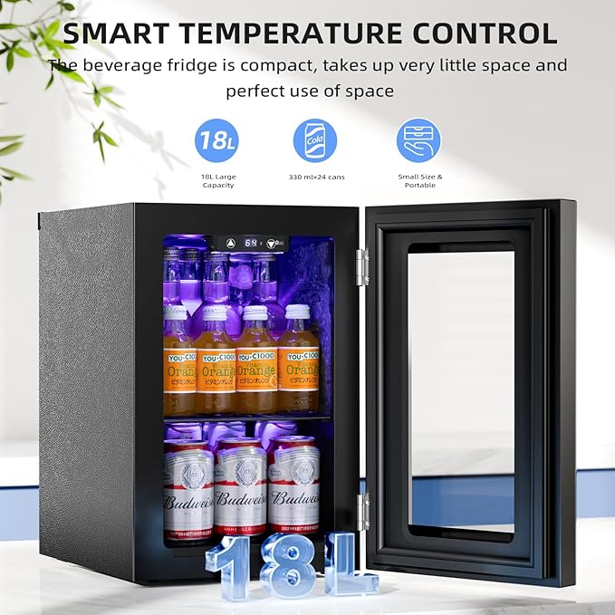 Antarctic Star 18L Beverage Refrigerator Cooler 24Can, Mini Fridge with Quiet Compressor, LED Light,Freestanding Small Fridge with Electronic Temperature Control for Home and Bar(40-61 ℉)