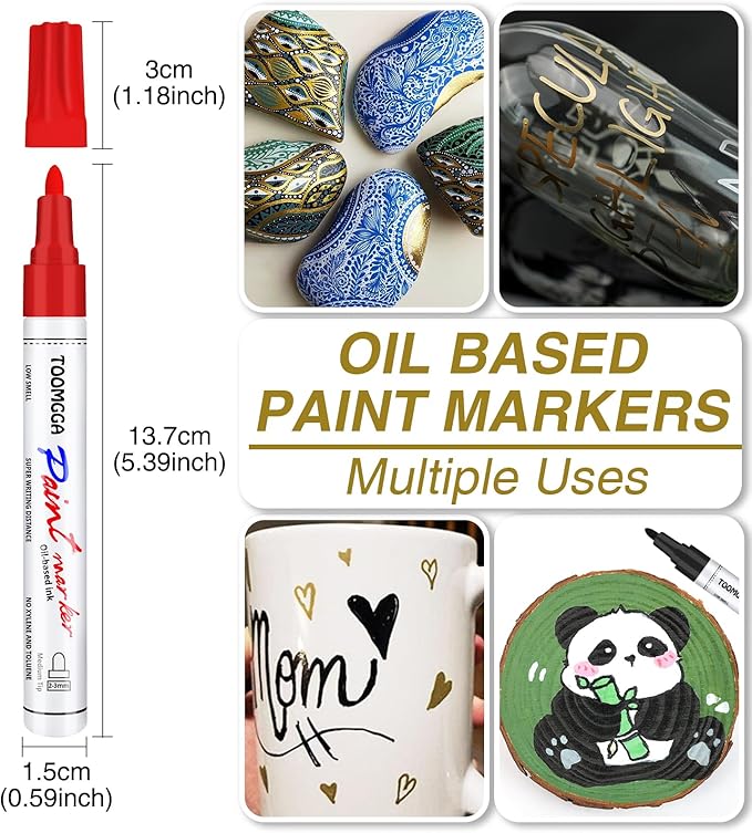 Silver Paint Pens Paint Markers - 6 Pack Permanent Markers Oil Based for Metal Wood, Pens for Metal, Car Tyre,Wood, Plastic, Rock Painting, Glass, Craft Supplies,Waterproof
