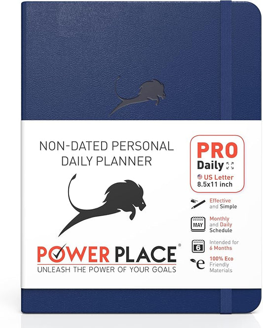 Day Planner - Professional Goal Planner, Calendar & Gratitude Journal to Increase Productivity, Time Management & Happiness - Vegan Leather Softcover, 24 Hourly Planner, Undated 6 Months Work Planner