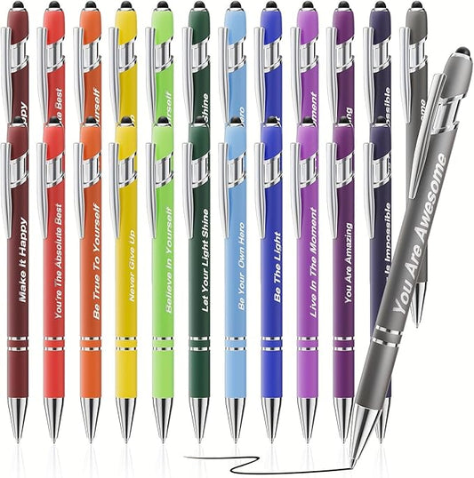 24 Pcs Inspirational Pens Bulk, Motivational Pens Ballpoint with Stylus Tips, Ink Pens 0.5mm Smooth Writing Pens Fine Point of Black Ink, 12 Colors with Gift Box for Staff, School, Office