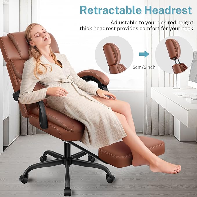 Executive Leather Office Chair, Big and Tall Office Chair with Footrest Home Office Desk Chairs, Ergonomic Computer Desk Chair with Lumbar Support, Reclining Office Chairs with Adjustable Angle