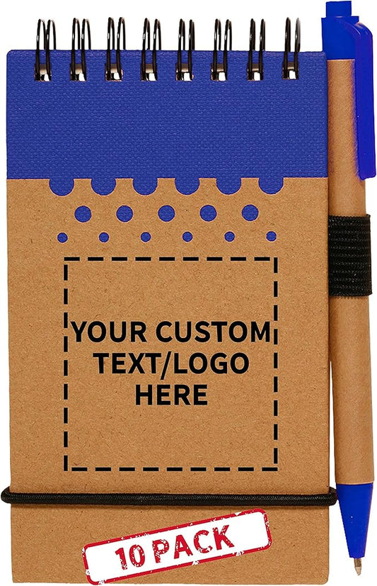 DISCOUNT PROMOS 10 Recyclable Spiral Small Notebooks Pack - Customizable Text, Logo - 60 Lined Pages - Blue